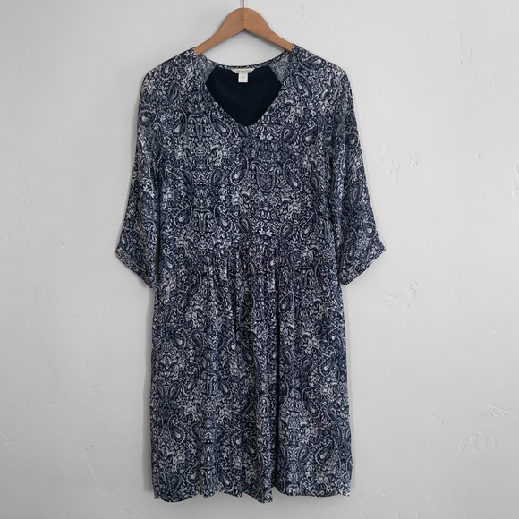 Garnet Hill Dress Gathered Drop Waist V-Neck Paisley Pockets Blue Women’s Size 2 - Picture 2 of 14